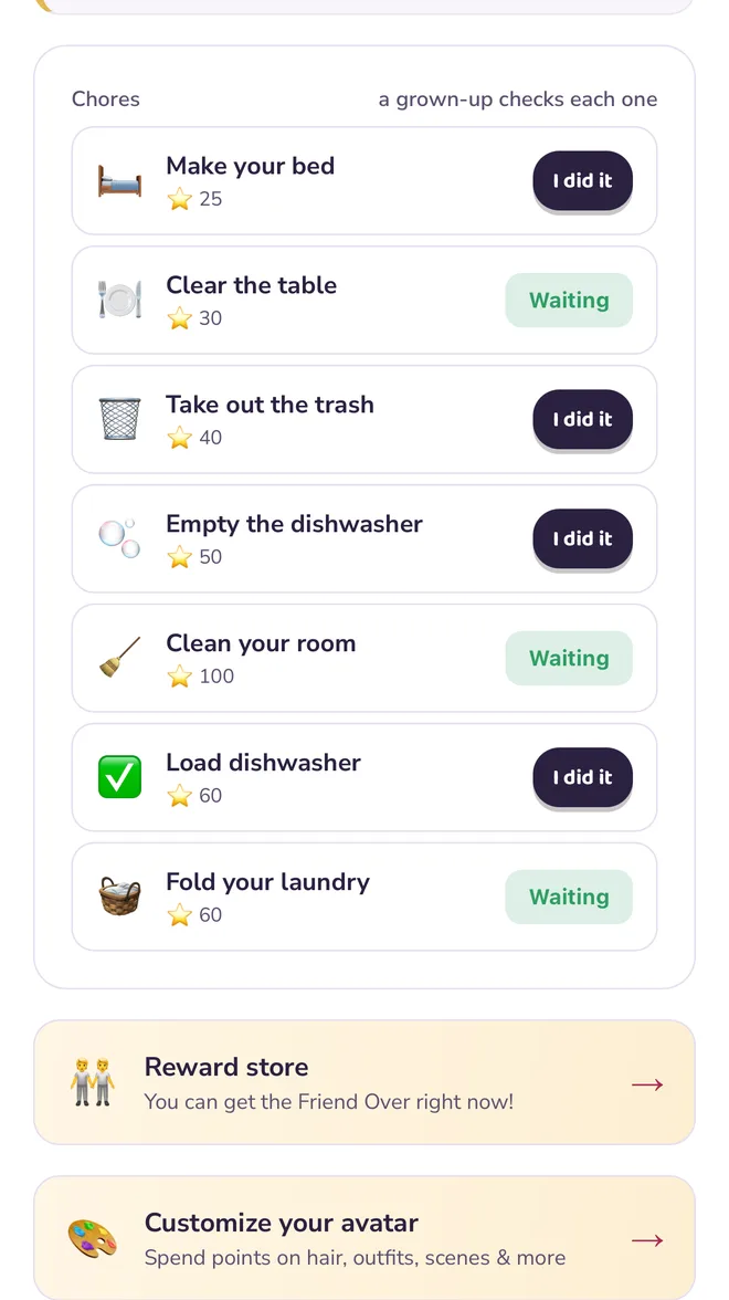 A child's chore list: make your bed, clear the table, take out the trash, each with an I did it button