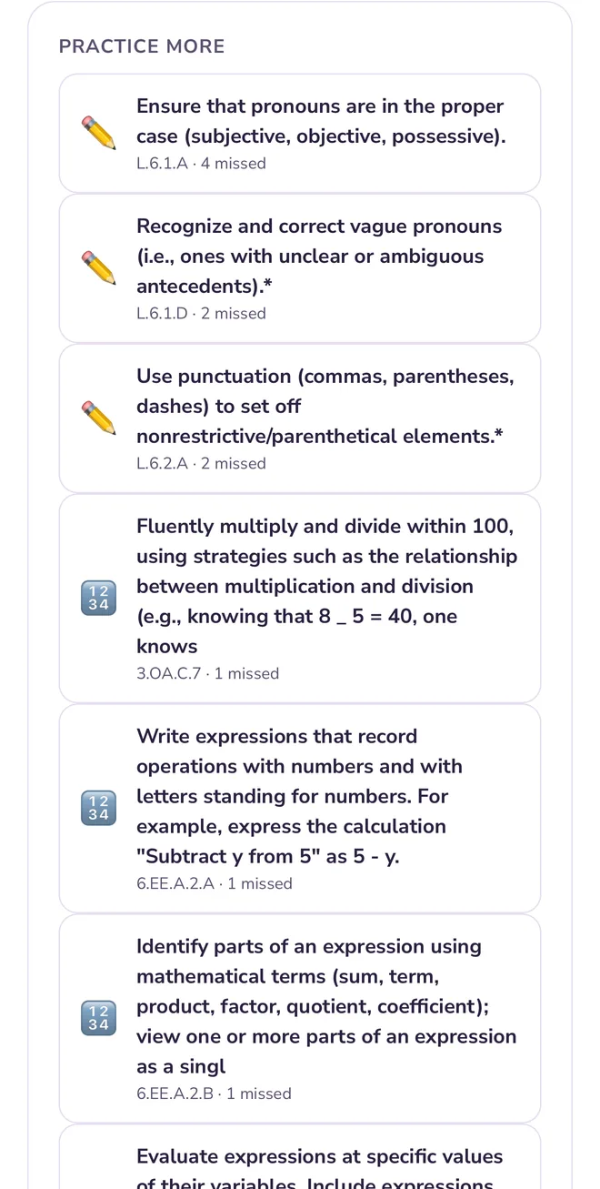 The Practice more panel: grade-level standards named in plain words, each with how many questions were missed