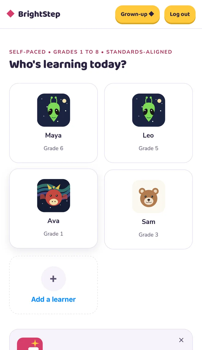 The profile picker: every child on one account, each with their own avatar and grade